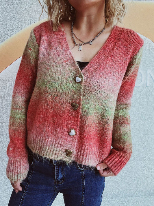 Gradient Heart Shape Button V-Neck Cardigan - Orange-Red