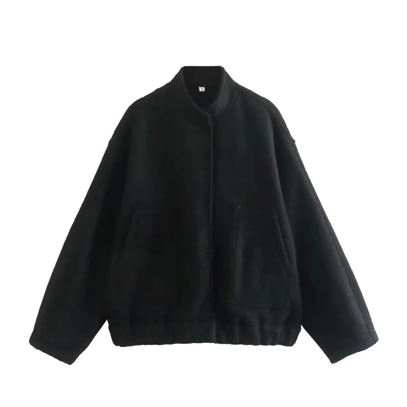 Loose casual stand collar concealed button jacket