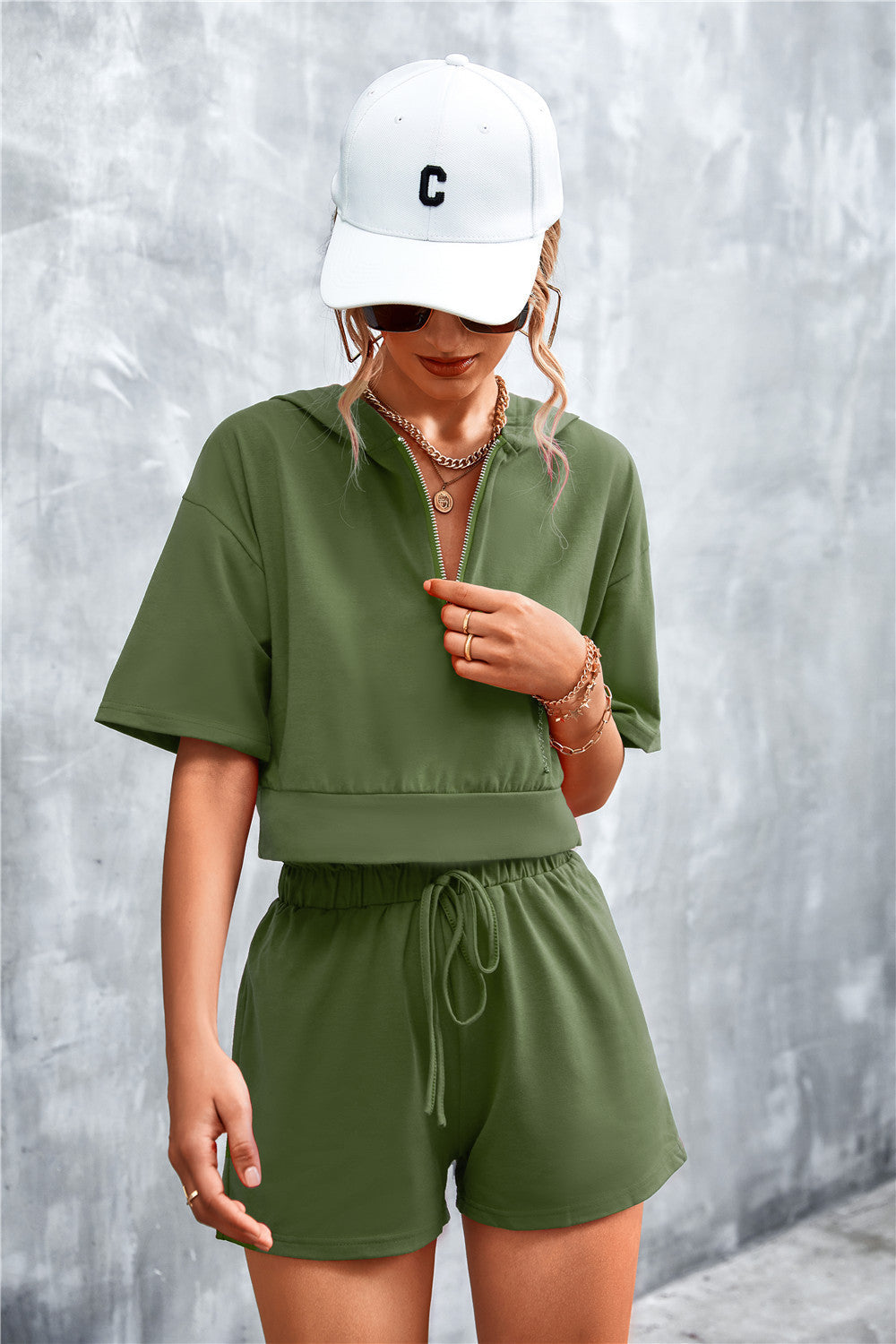 Half Zip Cropped Hooded T-Shirt and Shorts Set - Olive / S