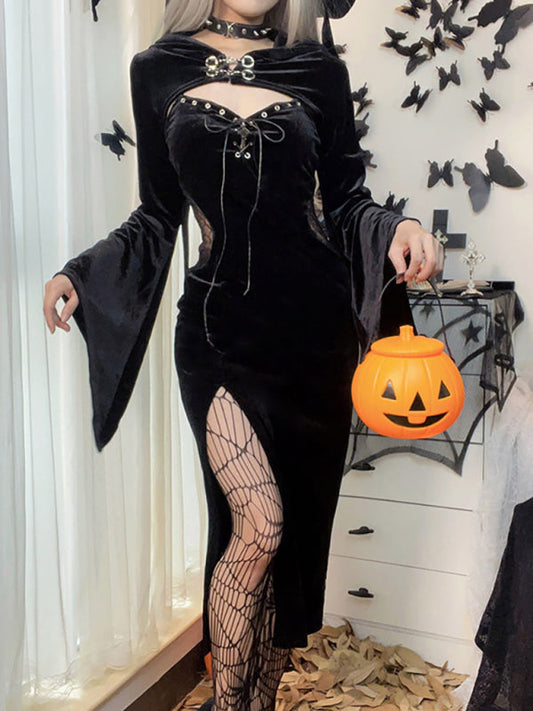 Halloween Hooded Flare Sleeve Spider Web Dress - Black / S