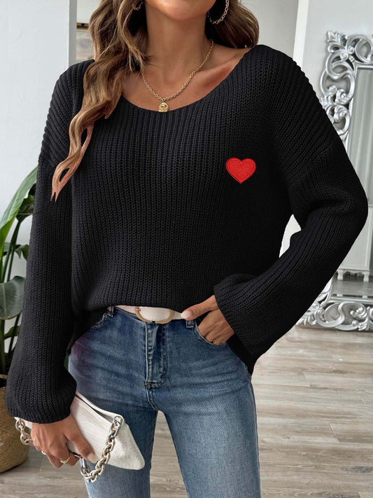 Heart Boat Neck Dropped Shoulder Sweater - Black / S