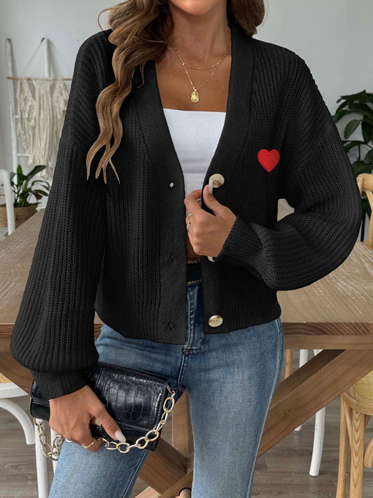 Heart Button Down V-Neck Long Sleeve Cardigan - Black / S