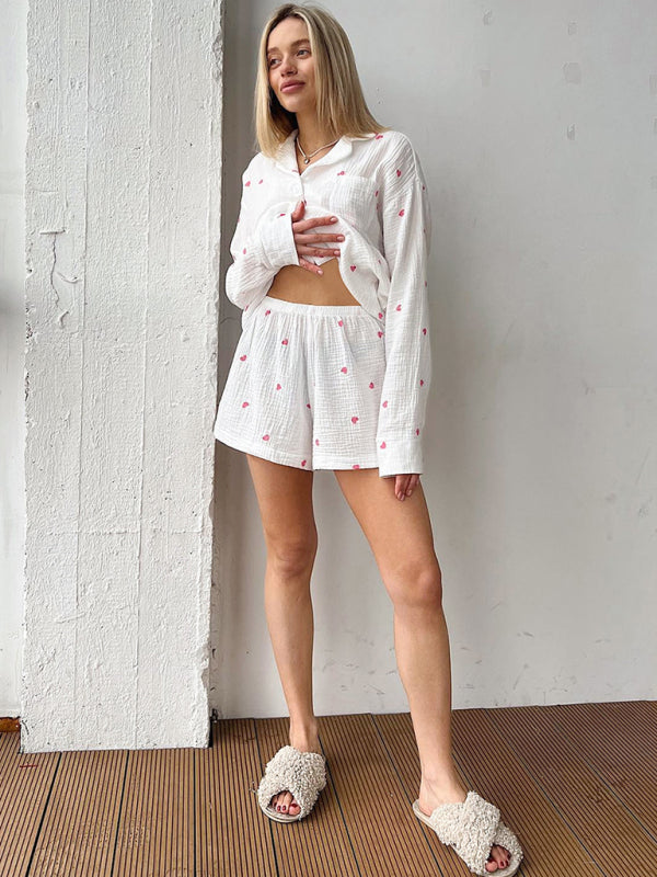 Heart long-sleeved tops and shorts two-piece casual set