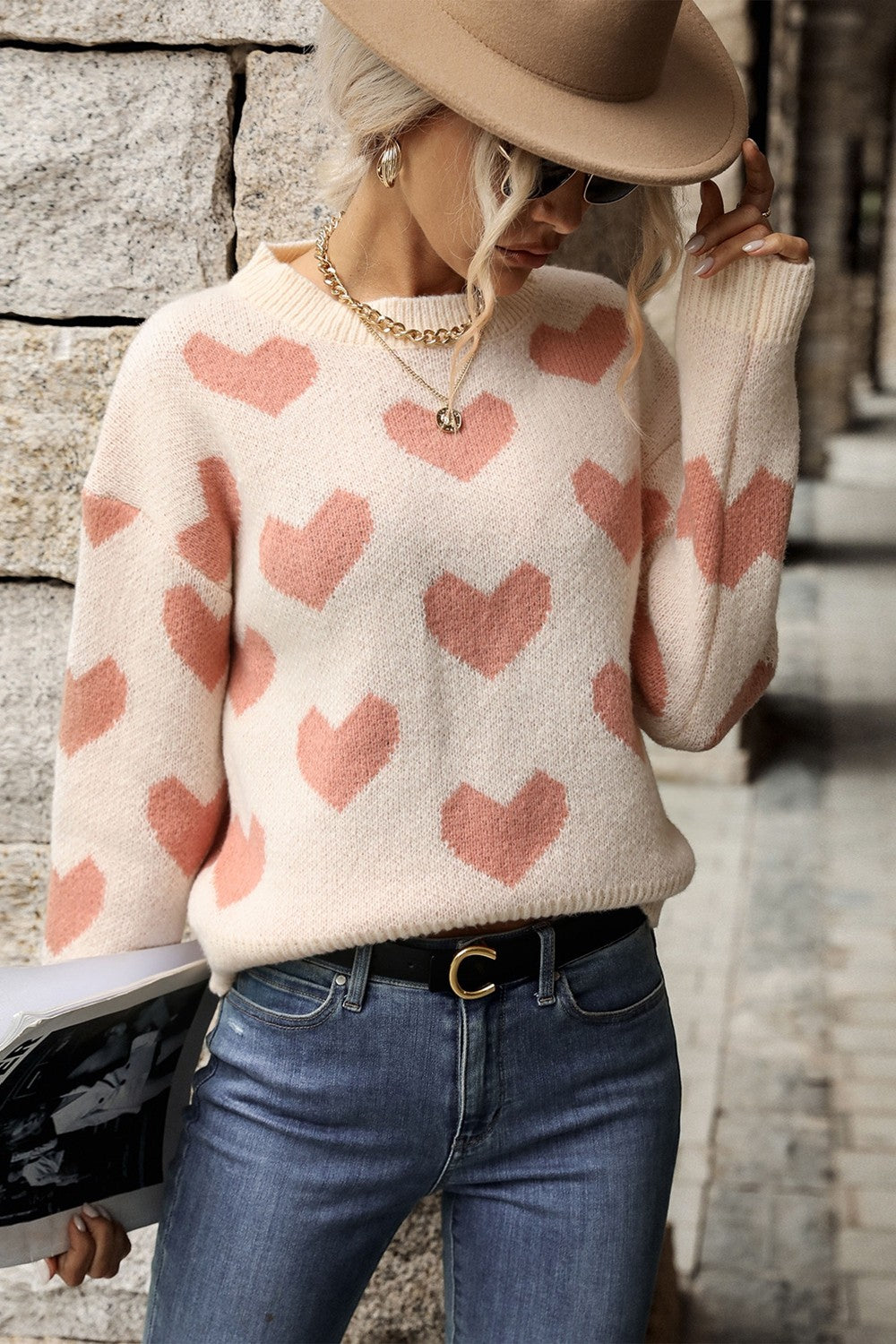 Heart Pattern Dropped Shoulder Sweater Print on any thing USA/STOD clothes