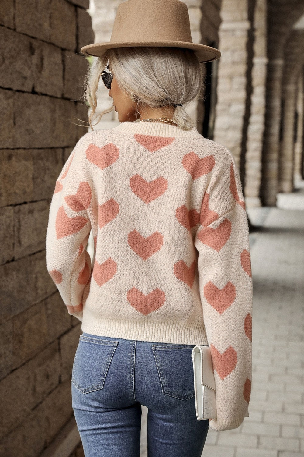 Heart Pattern Dropped Shoulder Sweater Print on any thing USA/STOD clothes