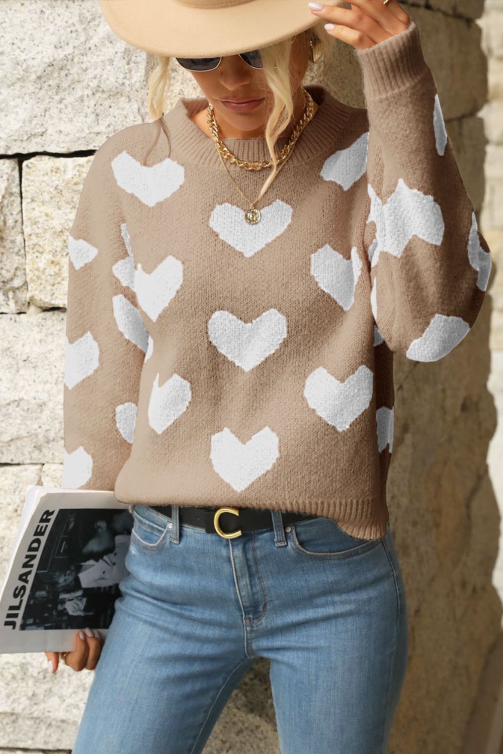 Heart Pattern Dropped Shoulder Sweater - Tan / M - Sweater