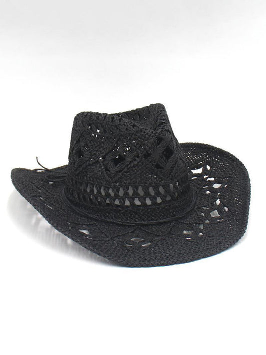 Hollow cowboy hat hand-knitted straw hat - Black / FREESIZE