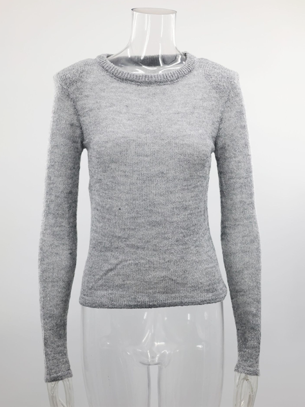 Hollow Knit Solid Color Casual Long Sleeve Top - Grey / S