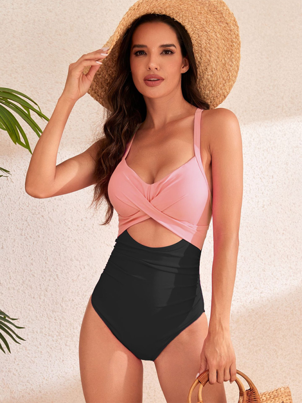 Hollow solid color high waist one-piece swimsuit - Pink / S