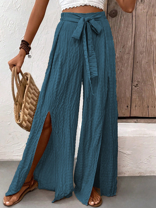 Honey Tied Slit Wide Leg Pants - French Blue / S