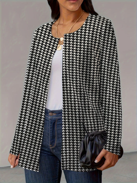 Houndstooth Open Front Long Sleeve Jacket - Black / S