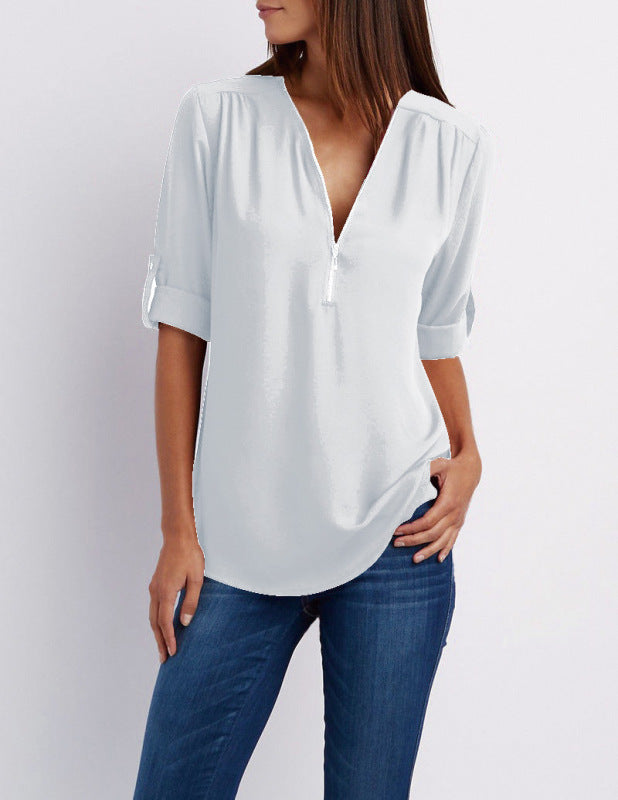 V-neck zipper large size long-sleeved pull-sleeve loose commuter chiffon shirt