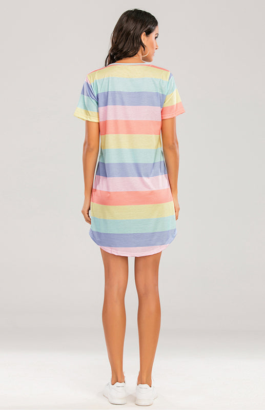 Women's Short Sleeve Rainbow Striped Loose T-Shirt Pyjama Set