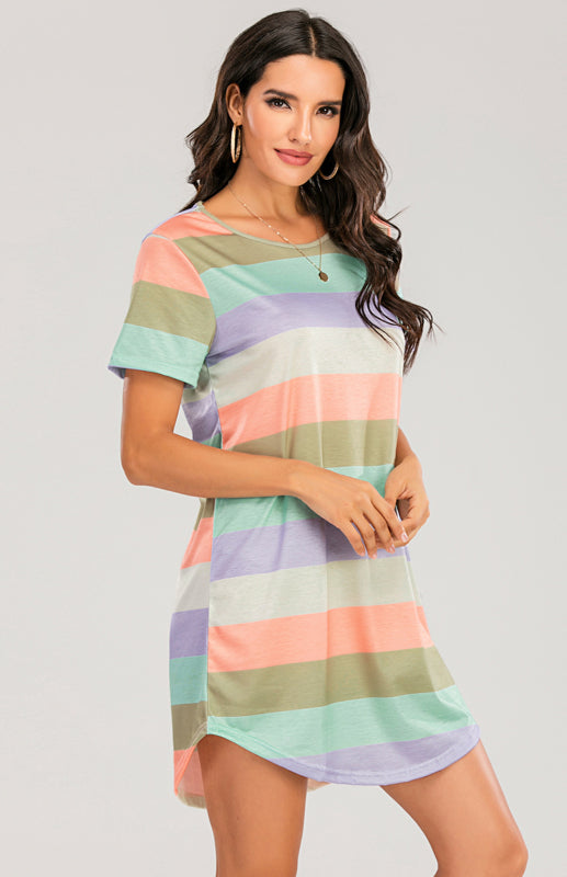 Women's Short Sleeve Rainbow Striped Loose T-Shirt Pyjama Set