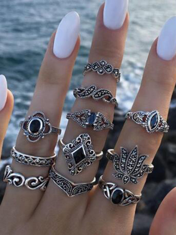 首飾15枚戒指個性鏤空荷花向日葵幾何黑石鑲戒指