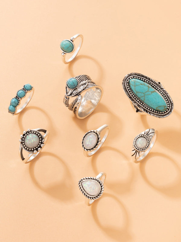 Turquoise carved feather 8-piece combination ring set