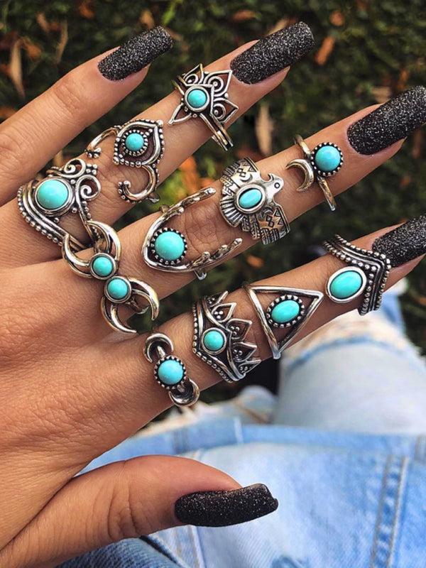 जातीय शैली रेट्रो जड़ित फ़िरोज़ा नक्काशीदार पंख की अंगूठी फैशन 8-टुकड़ा संयोजन अंगूठी सेट