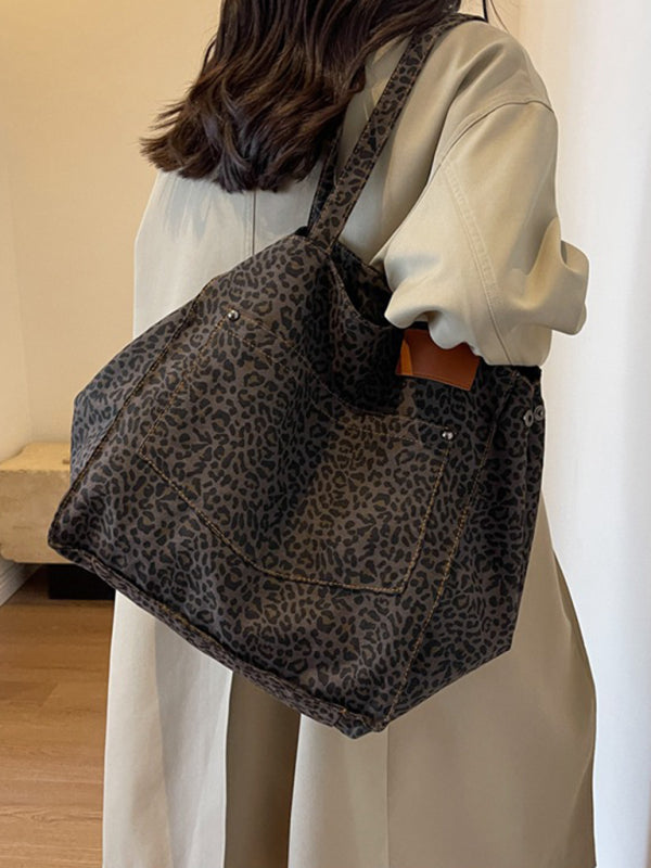 Leopard print canvas tote large capacity portable commuter bag