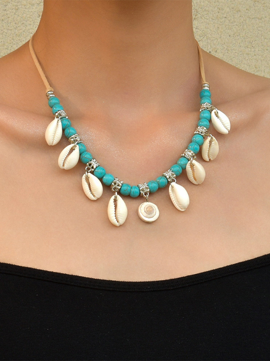 Bohemian shell pendant turquoise beaded velvet braided adjustable necklace for men and women