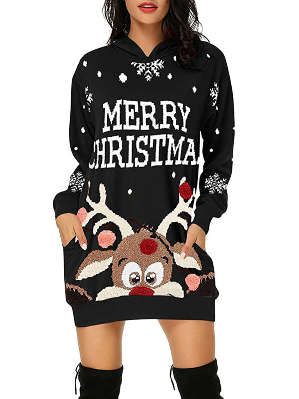 महिलाओं की क्रिसमस प्रिंट मध्य लंबाई वाली हुड वाली स्वेटर ड्रेस
