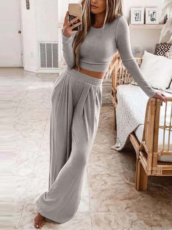 Women's Solid Color Knitted Casual Home Two-Piece Set