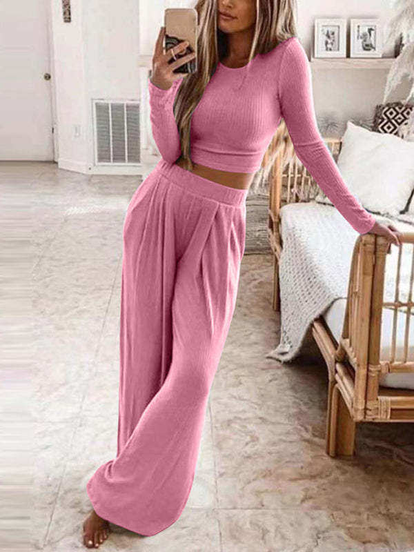 Women's Solid Color Knitted Casual Home Two-Piece Set
