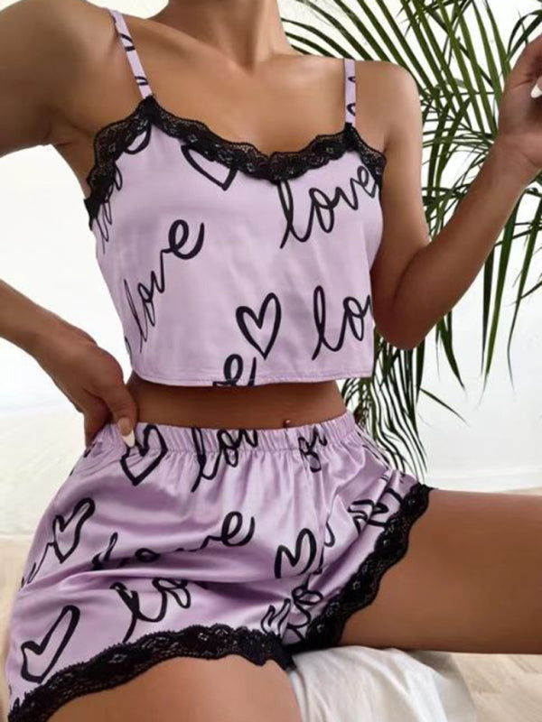 Cute Love Print Pajamas Homewear Lace Stitching Suspender Set