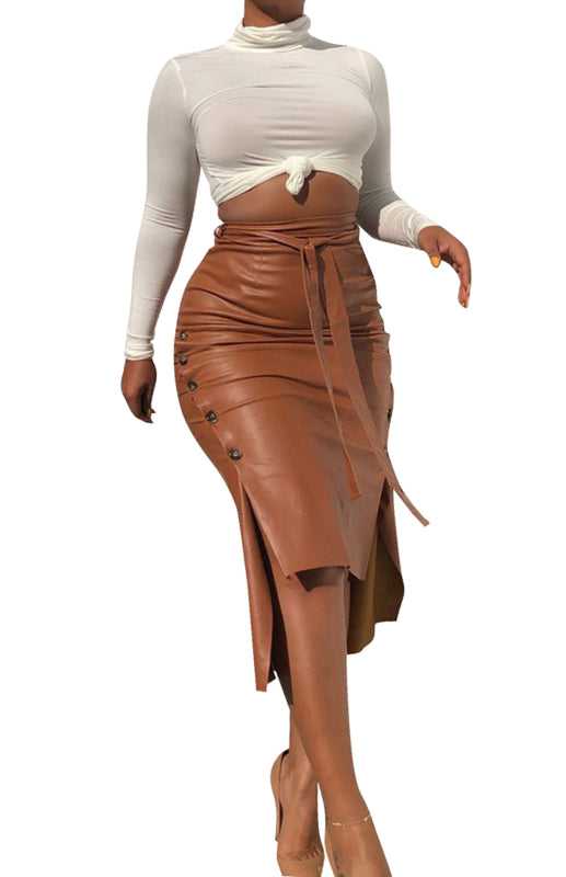 Ladies Casual Slit Mid Length Slim PU leather Skirt