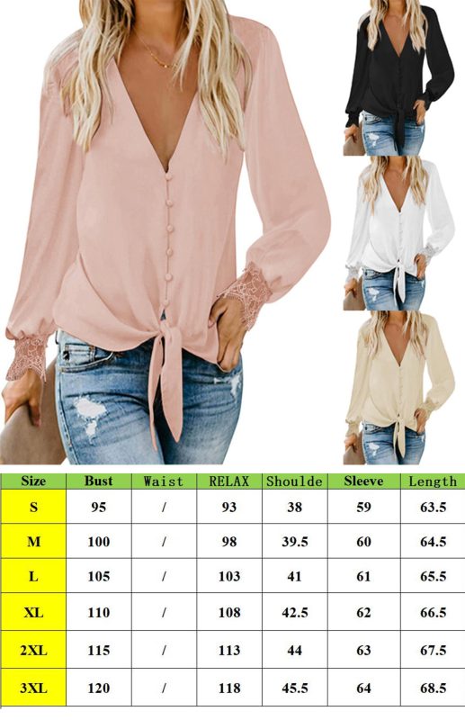 महिलाओं की वी-गर्दन फीता पैचवर्क ठोस रंग टाई ढीली लंबी बांह वाली शिफॉन शर्ट