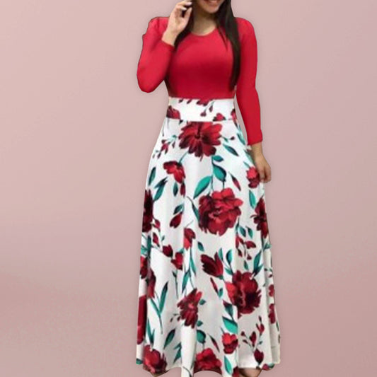 महिलाओं की लंबी पोशाक डिजिटल प्रिंट कलरब्लॉक छोटी आस्तीन वाली पोशाक