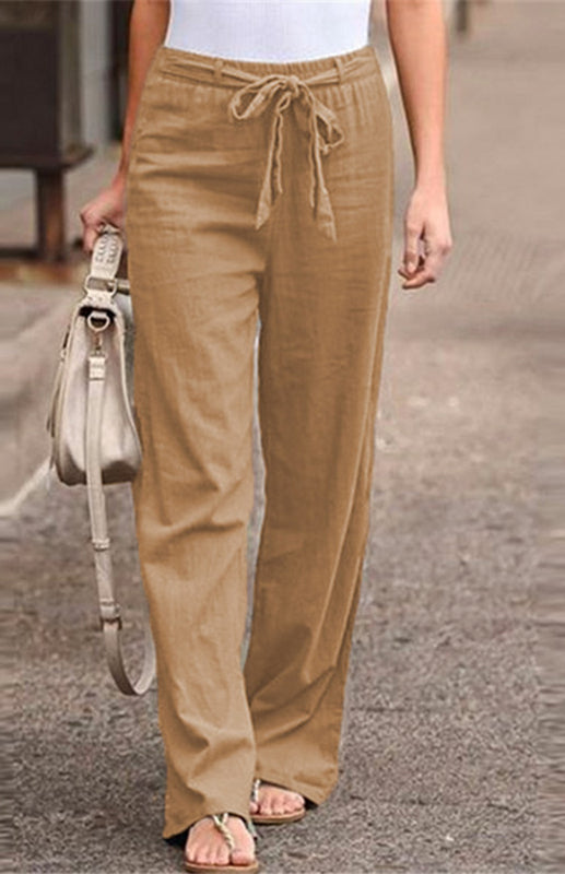 Women's Elastic Waist Solid Color Belt Loose Trousers