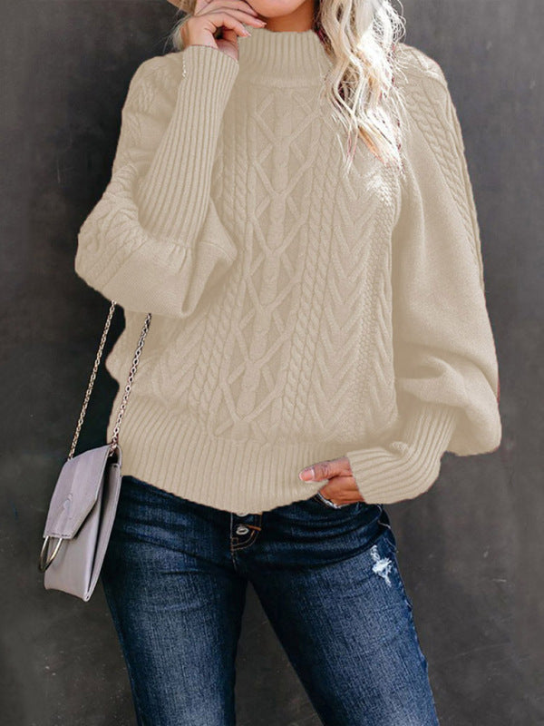 Ladies Mid Collar Loose Long Sleeve Solid Color Sweater