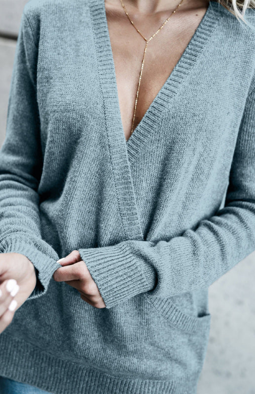 Women's Knitted Long-Sleeved Big V-Neck T-Shirt Sweater