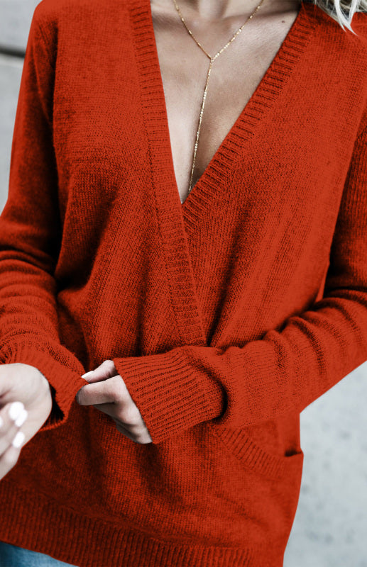 Women's Knitted Long-Sleeved Big V-Neck T-Shirt Sweater