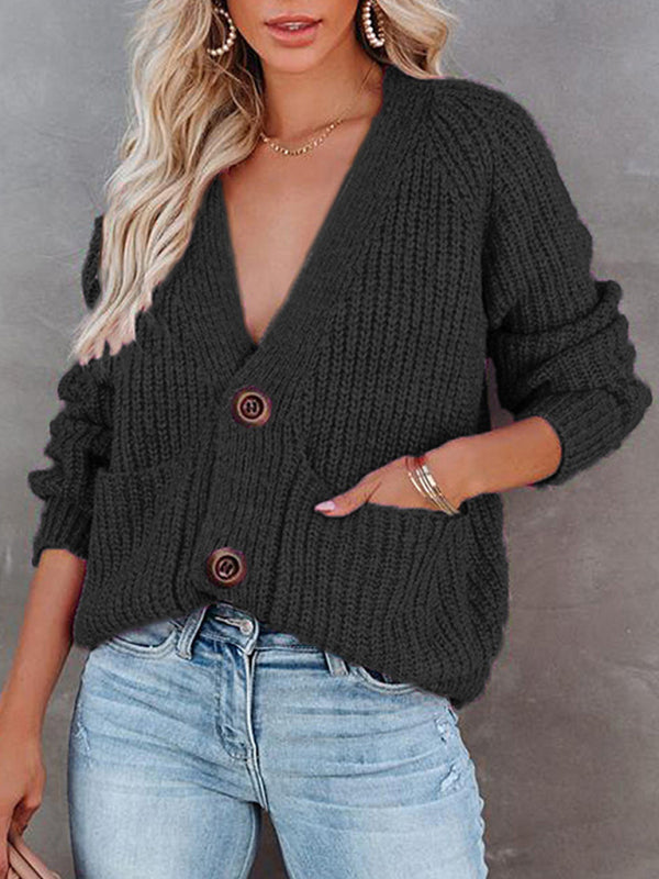 Solid V-Neck Single Breasted Long Sleeved Cardigan