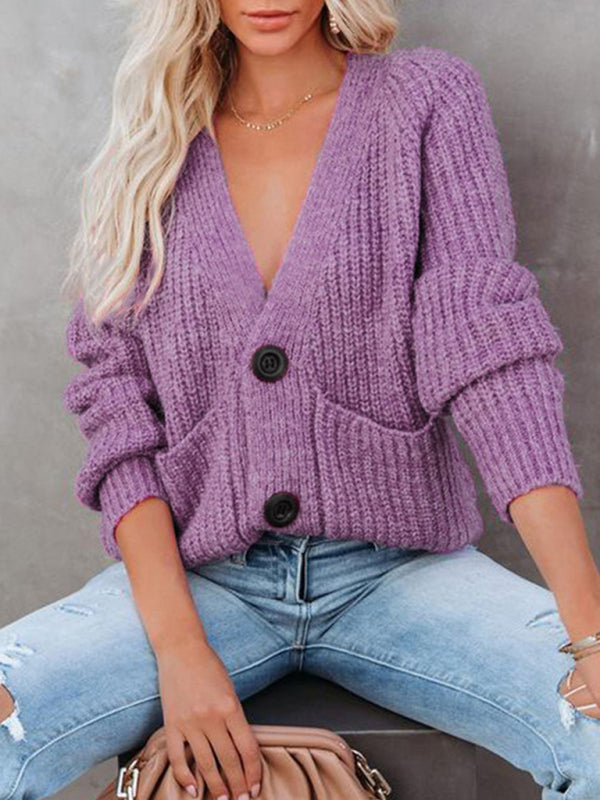 Solid V-Neck Single Breasted Long Sleeved Cardigan