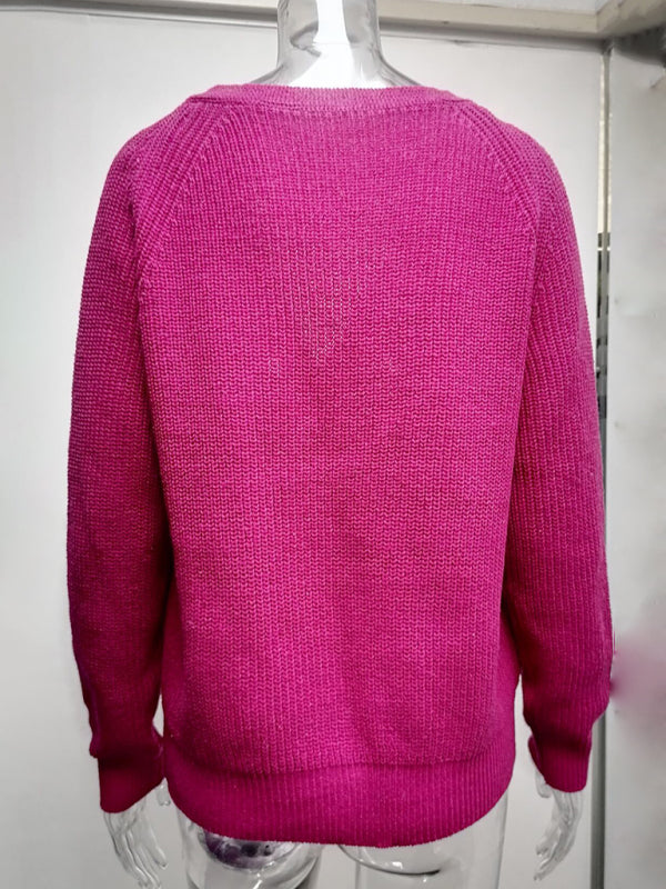 純色 V 領單排扣長袖毛衣