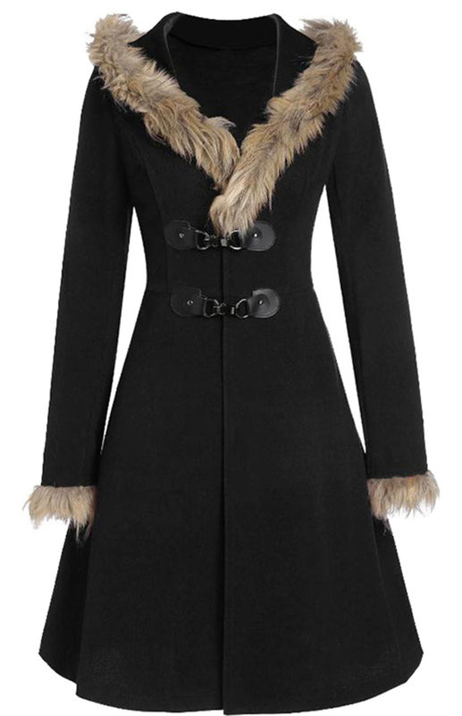 Solid-Colored Fur Long-Sleeved Alloy Buckles Duffel Coat