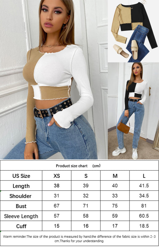 Short Stitched Casual Crew Neck Long Sleeve Top