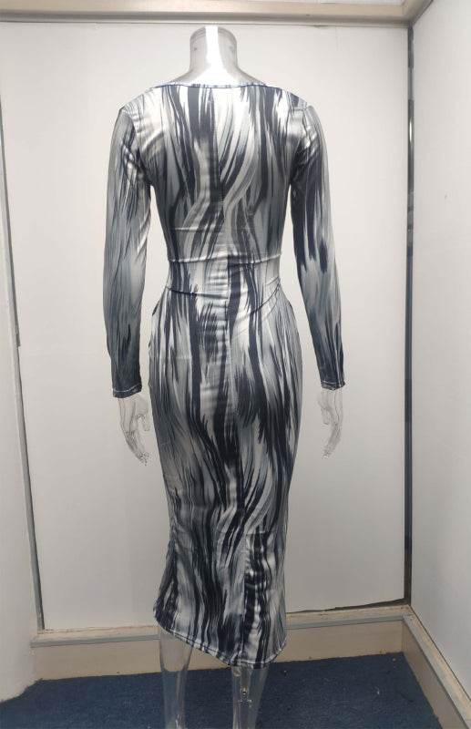 Printed Long-Sleeved V-Neck Dress