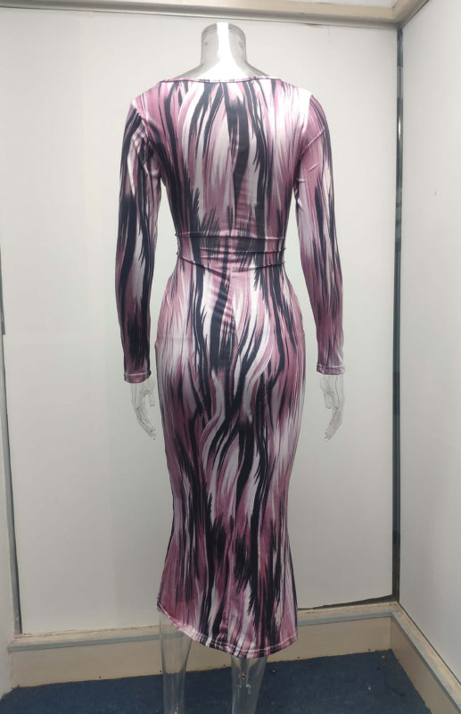Printed Long-Sleeved V-Neck Dress