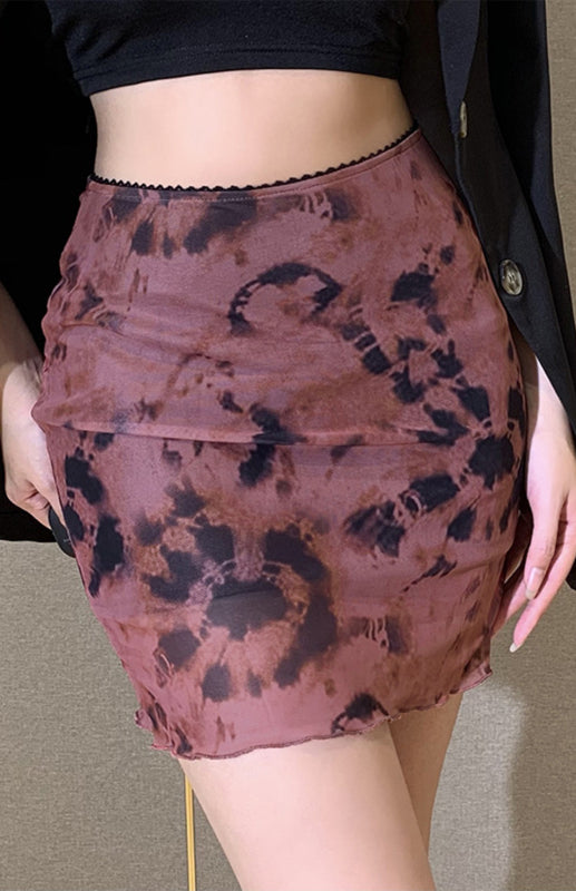 Printed Mesh High Waist Double-Layer Slim Package Half-Body Skirt