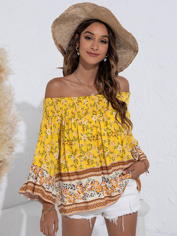 Women's One Shoulder  Floral Flared Sleeve Top