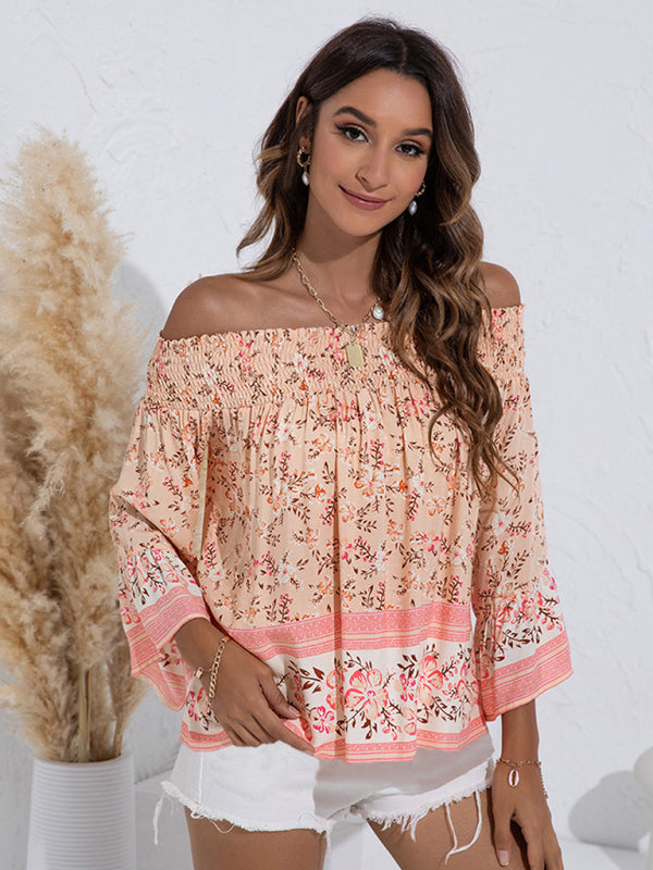 Women's One Shoulder  Floral Flared Sleeve Top