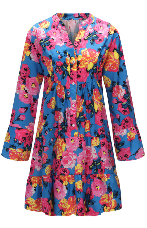Women's Loose V Neck Button Flare Sleeve Ruffle Floral Print Dress
