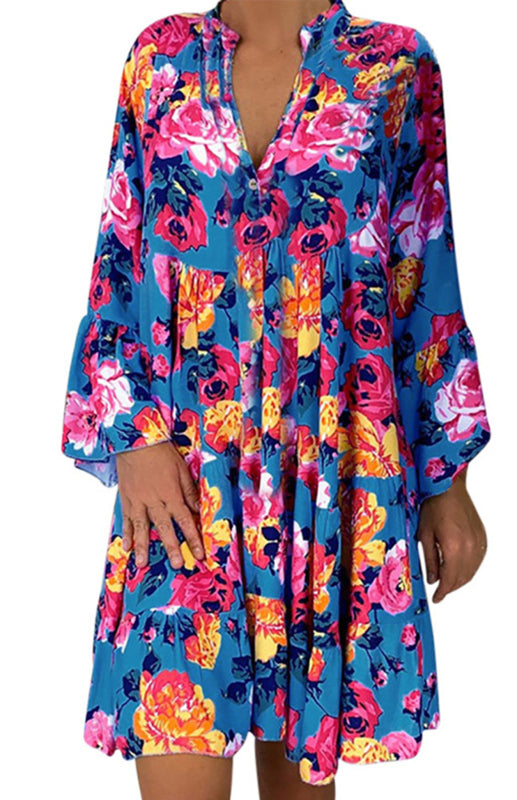 Women's Loose V Neck Button Flare Sleeve Ruffle Floral Print Dress