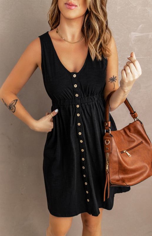 Casual V-Neck Button Front Sleeveless Elasticated Waist A-line Dress With Pocket