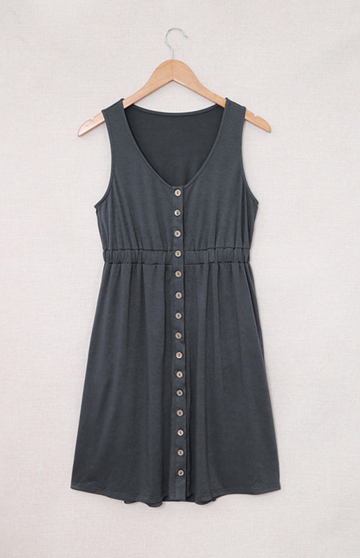 Casual V-Neck Button Front Sleeveless Elasticated Waist A-line Dress With Pocket