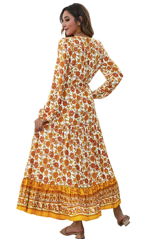 V-Neck Front Button Lantern Sleeve Floral Print Drawstring High Waist Maxi Dress