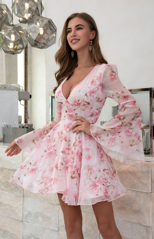 Women's V-Neck Floral Print High Waist Flared Sleeve Dress